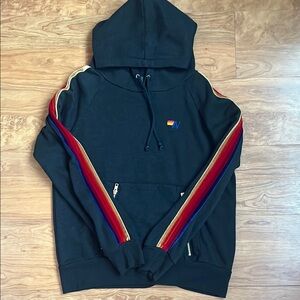 RARE Aviator Nation Black Hoodie with Velvet Multicolor Stripes